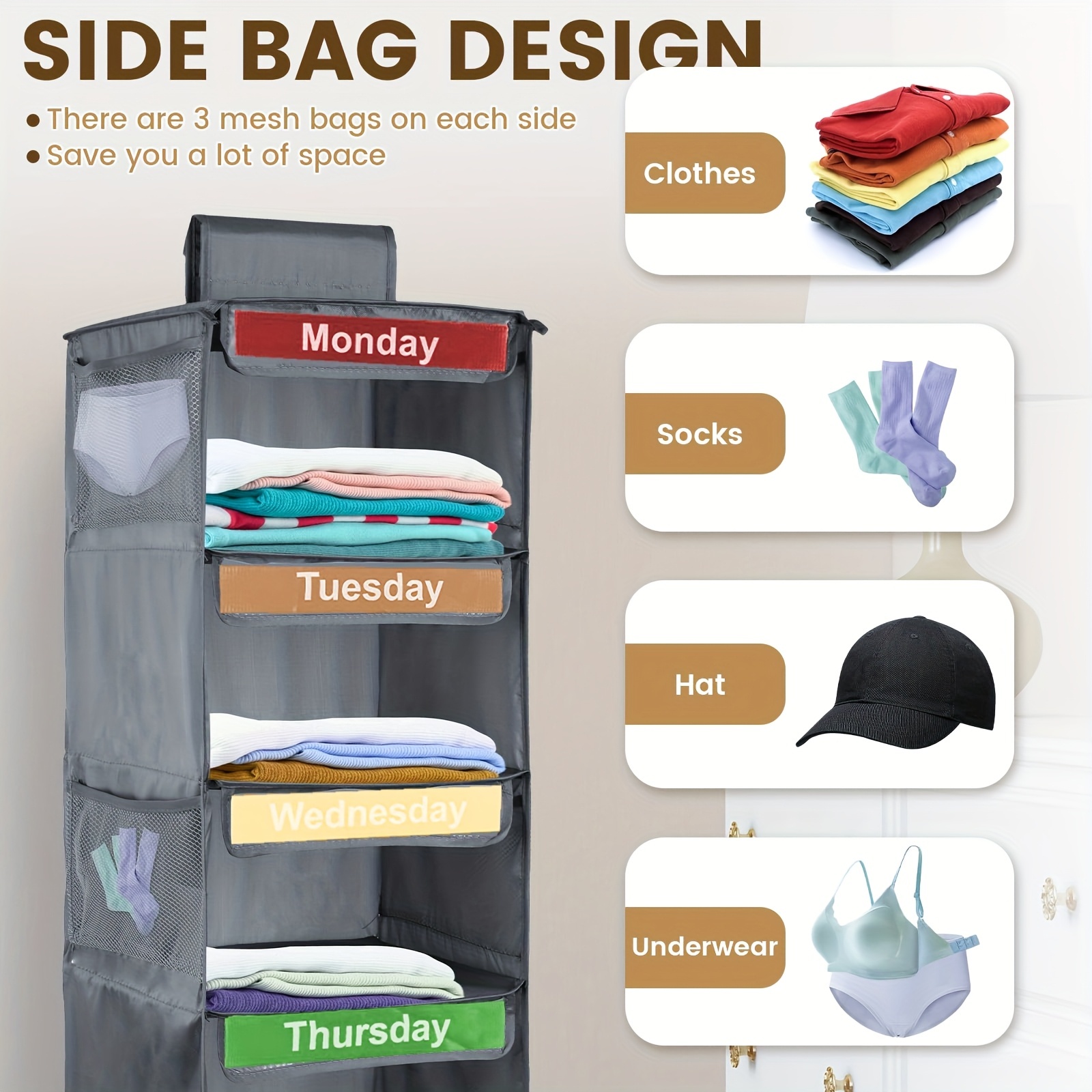 1pc 5-Tier Youngsters Clothing Organizer - Weekly Color-Coded Hanging Storage Bags With Durable Nylon Wall-Mounted Shelves For Bedroom, School Dorm, Closet - Organize Clothes, Pants, Underwear, Socks - Image 3
