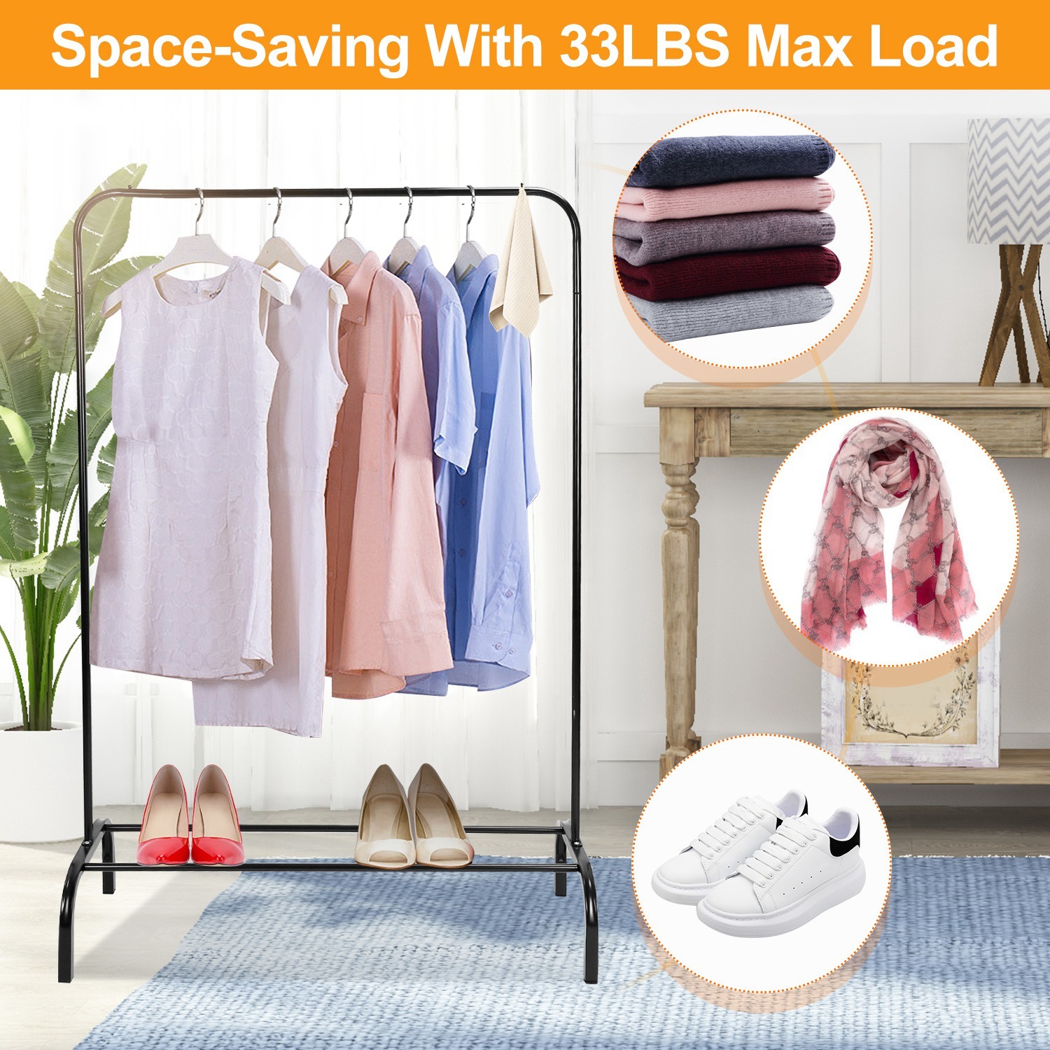 1Pc 33lbs Loading Garment Racks Freestanding Clothing Racks Clothes Rack Stands Organizer With Bottom Shelf For Dormitory Home - Image 2