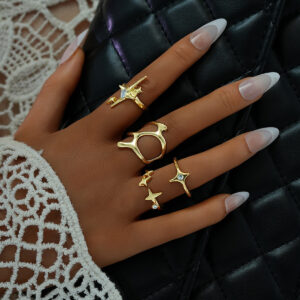 Geometric Metal Lava Line Four-piece Ring Set