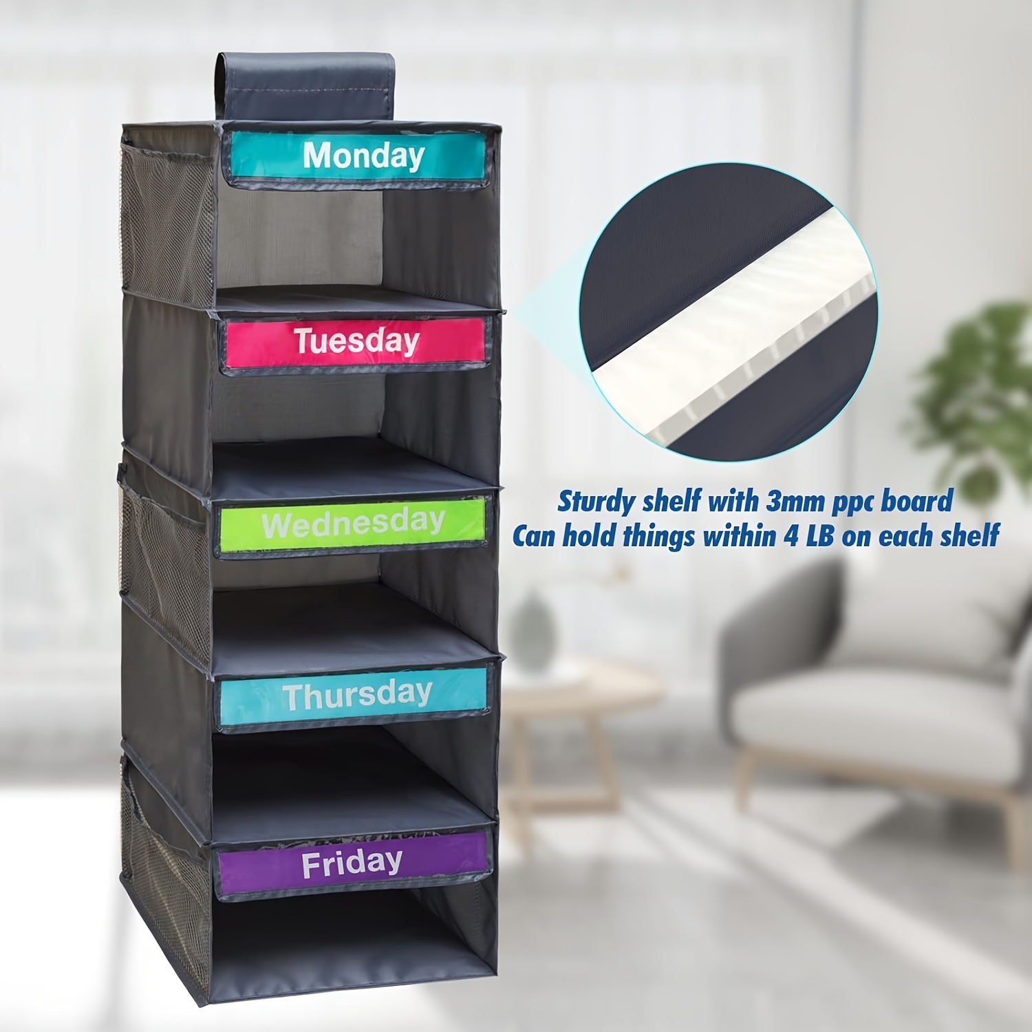 1pc 5-Tier Youngsters Clothing Organizer - Weekly Color-Coded Hanging Storage Bags With Durable Nylon Wall-Mounted Shelves For Bedroom, School Dorm, Closet - Organize Clothes, Pants, Underwear, Socks - Image 5